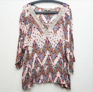 Democracy Chevron Floral Boho Peasant Top